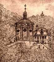 kaple v původním umístění s drobným letohrádkem po boku, Vincenc Morstadt, kresba tužkou, 1871